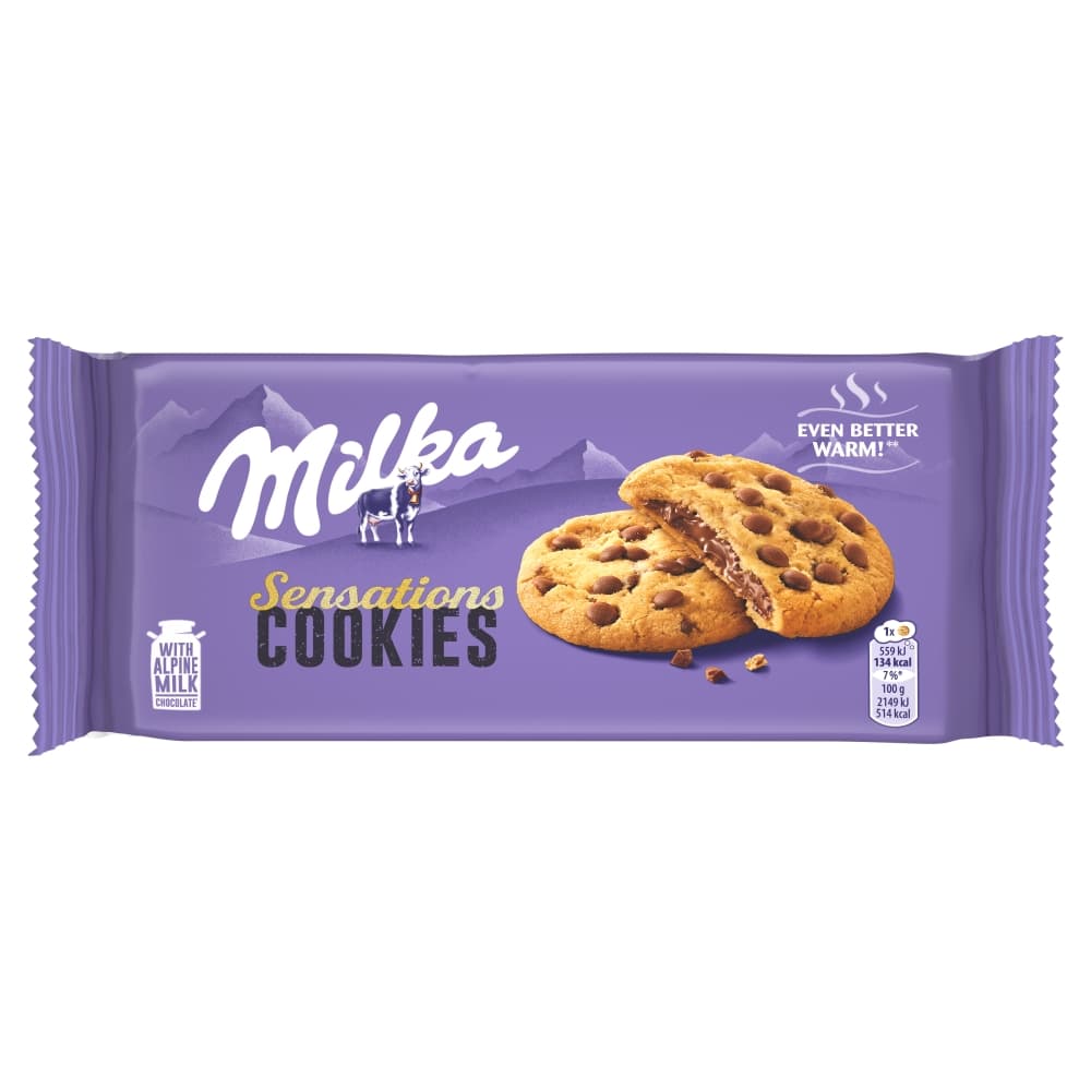 MILKA SENSATIONS Ciastka z kawalkami mlecznej czekolady z mleka alpejskiego. 51,22 zl/kg