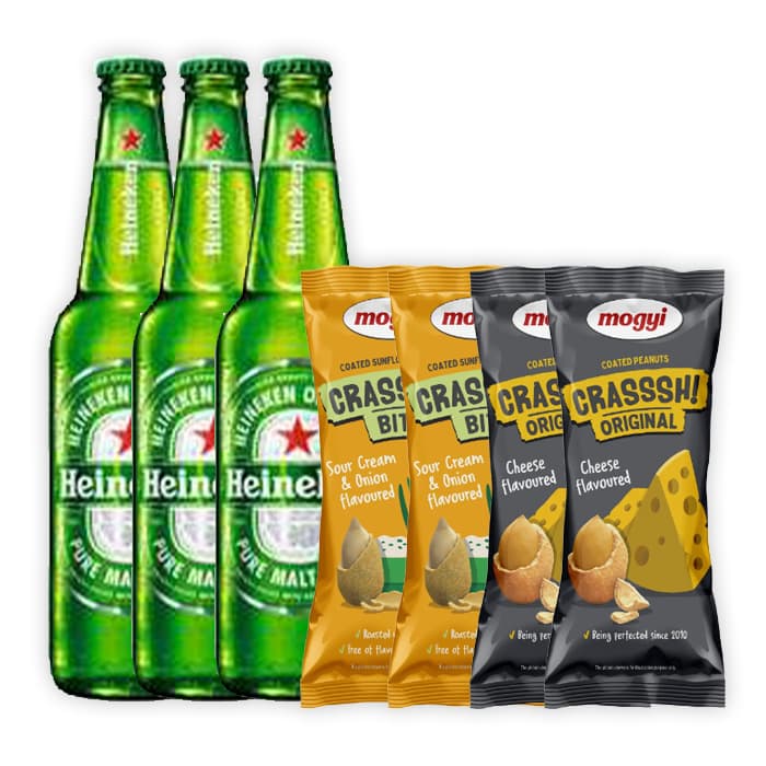 MULTIPAK HEINEKEN Piwo jasne x3 + MOGYI Slonecznik w skorupce o smaku cebulki ze smietanka x2 + MOGYI Orzeszki ziemne w skorupce o smaku serowym x2.