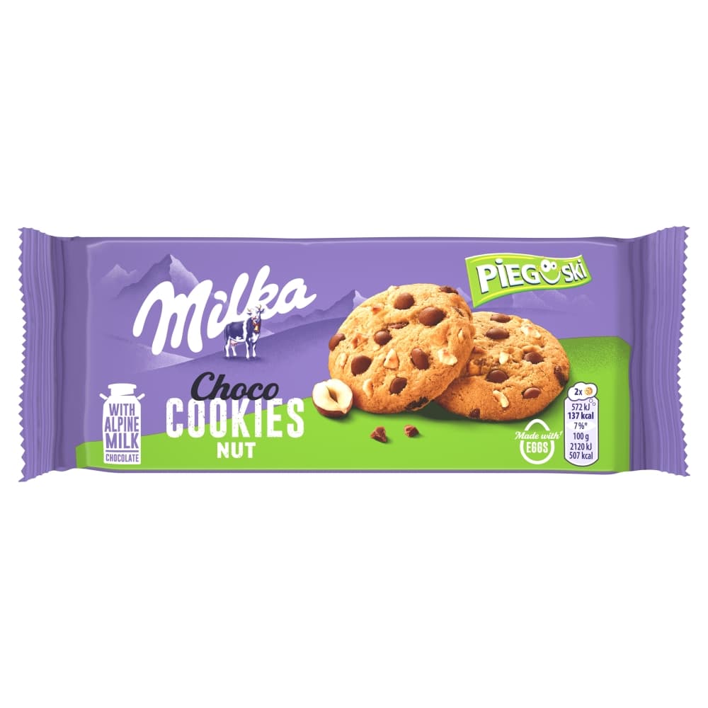 MILKA PIEGUSKI Ciasteczka z kawalkami czekolady mlecznej i orzechami. 39,93 zl/kg