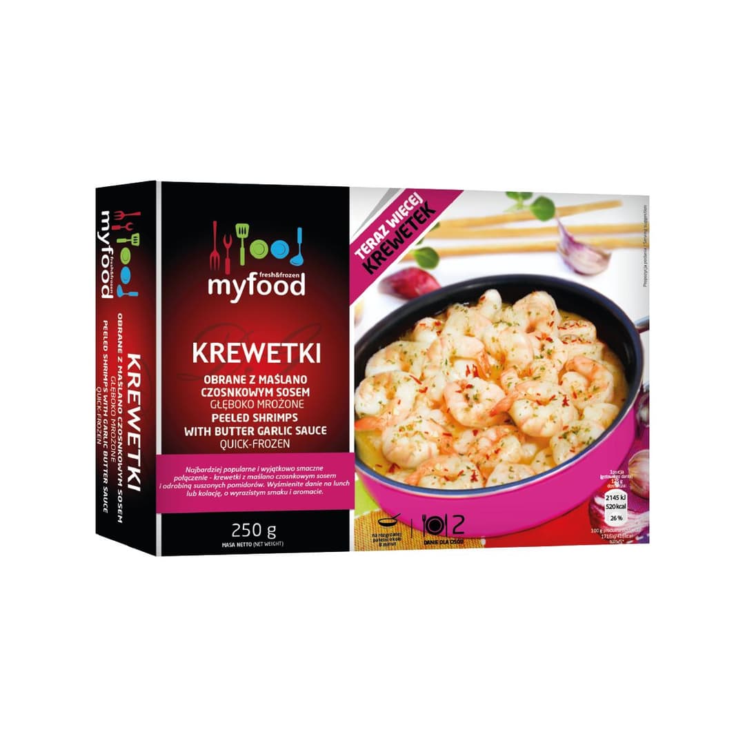 MYFOOD Krewetki obrane z sosem maslano-czosnkowym. 106,76 zl/kg