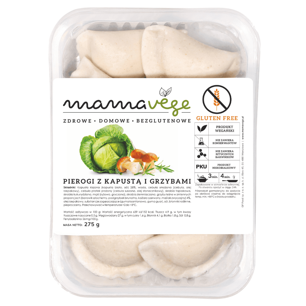 MAMAVEGE Pierogi z kapusta i grzybami bezglutenowe. 72,69 zl/kg