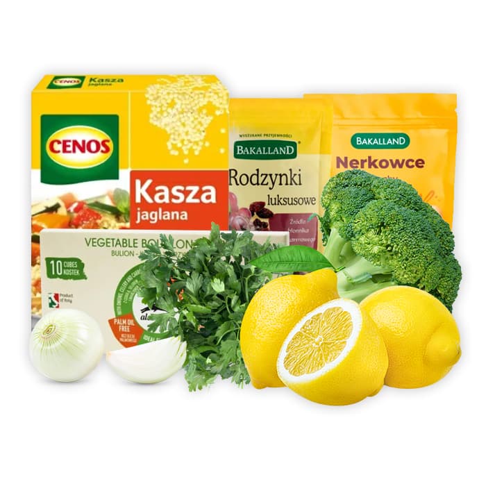 MULTIPAK Zestaw na salatke z kasza jaglana, brokulami i suszonymi owocami.