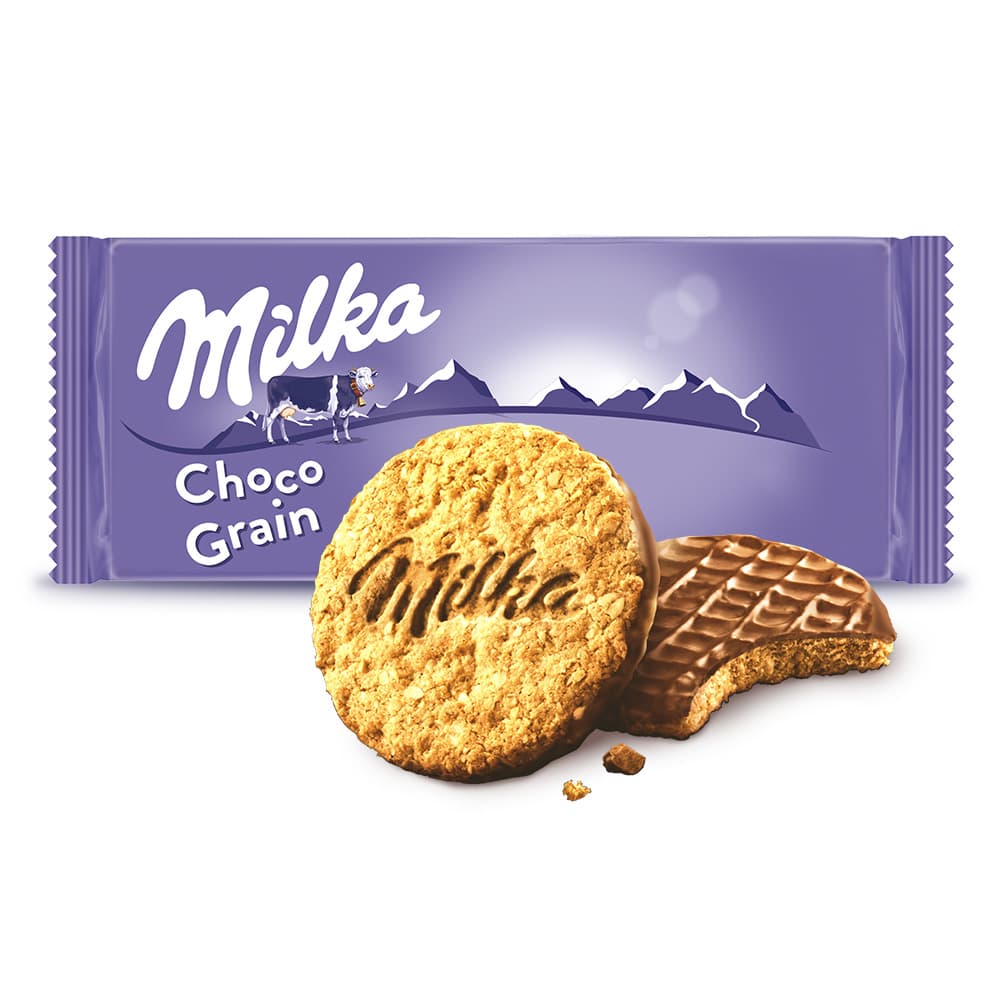 MILKA CHOCO GRAIN Ciastka z platkami owsianymi oblane czekolada mleczna. 39,60 zl/kg