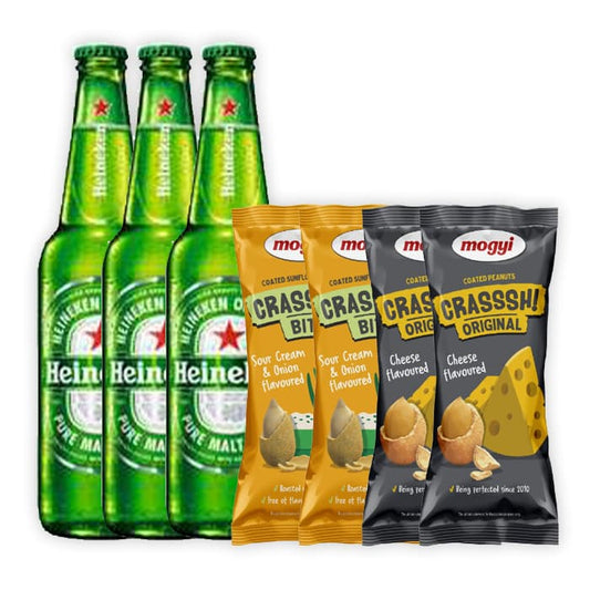 MULTIPAK HEINEKEN Piwo jasne x3 + MOGYI Slonecznik w skorupce o smaku cebulki ze smietanka x2 + MOGYI Orzeszki ziemne w skorupce o smaku serowym x2.
