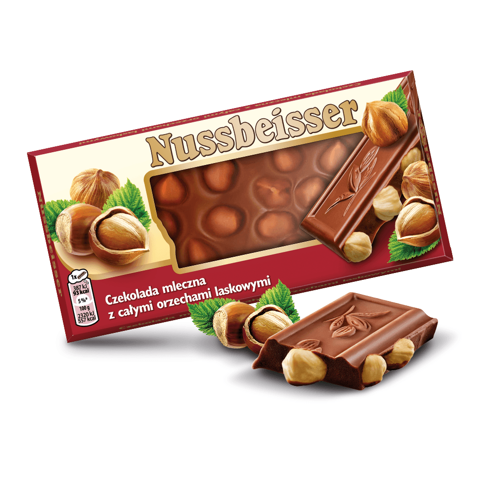 NUSSBEISSER Czekolada mleczna z calymi orzechami laskowymi. 98,90 zl/kg