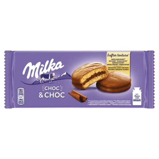 MILKA CHOC & CHOC Ciastka biszkoptowe przekladane nadzieniem kakaowym oblane czekolada mleczna. 50,60 zl/kg