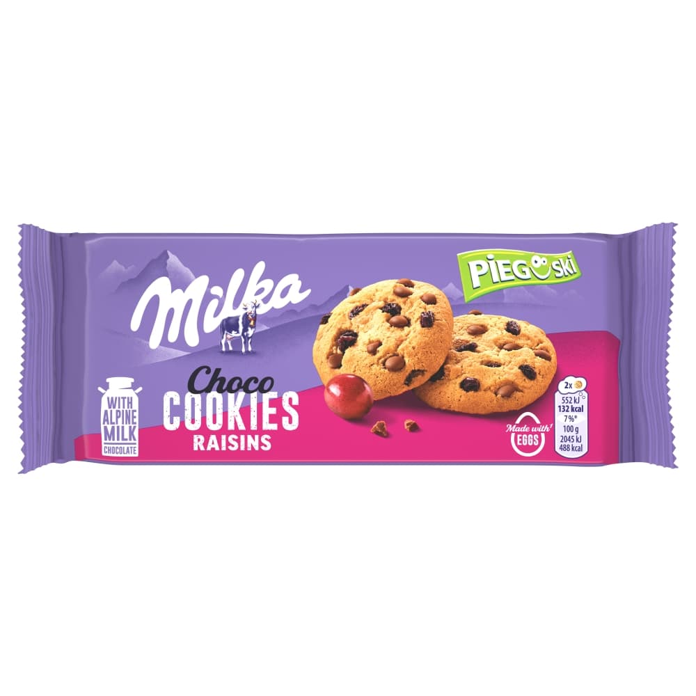 MILKA PIEGUSKI Ciasteczka z kawalkami czekolady mlecznej i rodzynkami. 39,93 zl/kg