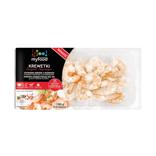 MYFOOD Krewetki biale gotowane obrane z ogonkiem mrozone. 163,83 zl/kg