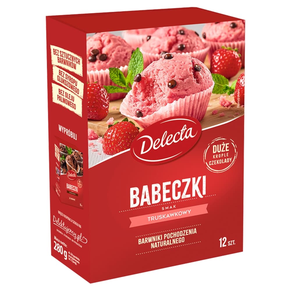 DELECTA Babeczki smak truskawkowy. 28,54 zl/kg