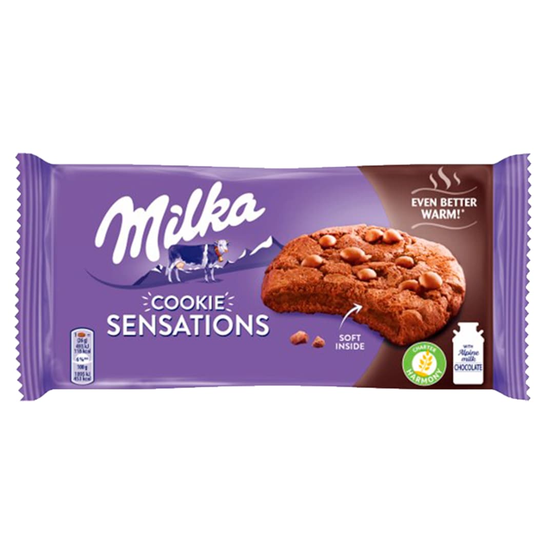 MILKA SENSATIONS Ciastka kakaowe z kawalkami mlecznej czekolady. 51,22 zl/kg