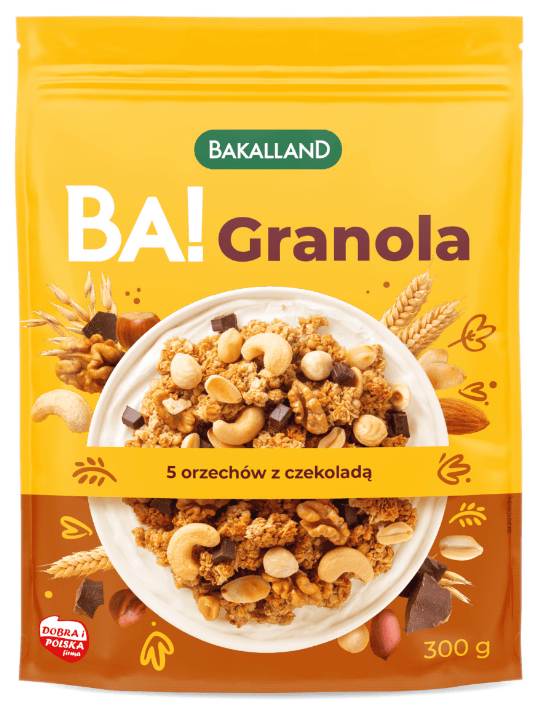 BAKALLAND BA! Granola 5 orzechow z czekolada. 26,63 zl/kg