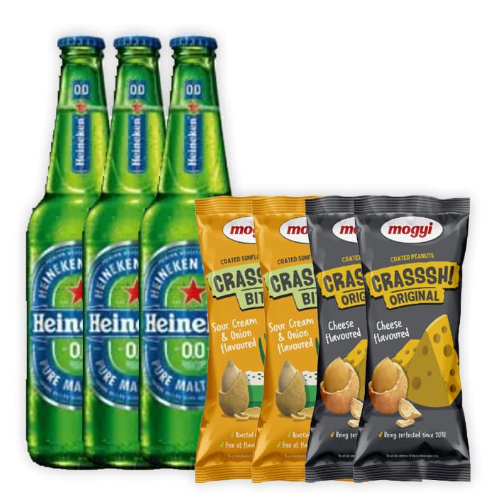 MULTIPAK HEINEKEN Piwo jasne bezalkoholowe x3 + MOGYI Slonecznik w skorupce o smaku cebulki ze smietanka x2 + MOGYI Orzeszki ziemne w skorupce o smaku serowym x2.