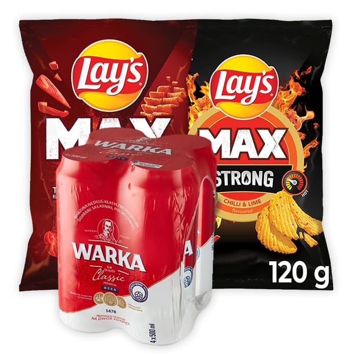 MULTIPAK WARKA Piwo Classic jasne x4 + LAY'S MAX STRONG o smaku sera i ostrej papryki + LAY'S MAX STRONG o smaku chilli i limonki.