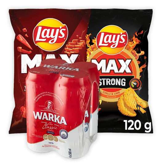 MULTIPAK WARKA Piwo Classic jasne x4 + LAY'S MAX STRONG o smaku sera i ostrej papryki + LAY'S MAX STRONG o smaku chilli i limonki.
