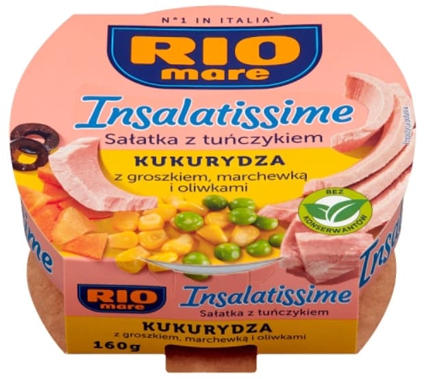 RIO MARE INSALATISSIME Salatka z tunczykiem kukurydza z groszkiem marchewka i oliwkami. 68,69 zl/kg