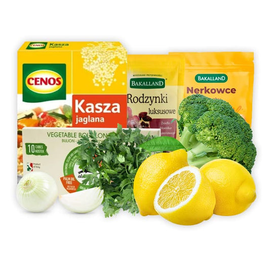 MULTIPAK Zestaw na salatke z kasza jaglana, brokulami i suszonymi owocami.