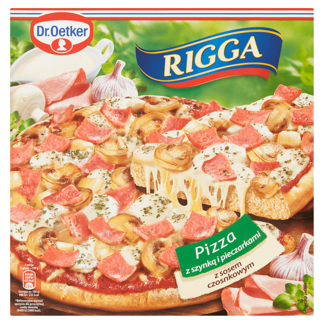 RIGGA Pizza z szynka i pieczarkami i sosem czosnkowym. 26,63 zl/kg