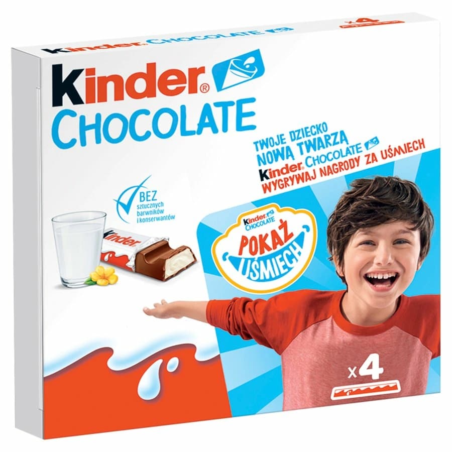 KINDER CHOCOLATE Batoniki z mlecznej czekolady z nadzieniem mlecznym 4 szt.. 85,80 zl/kg