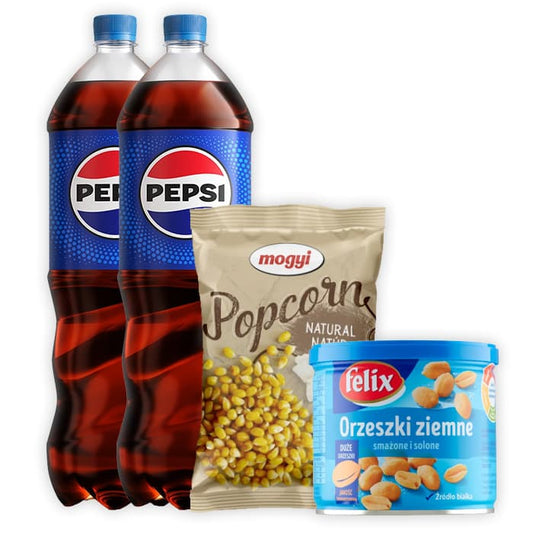 MULTIPAK PEPSI COLA Napoj gazowany x2 + FELIX Orzeszki ziemne smazone i solone + MOGYI Popcorn do mikrofali solony.